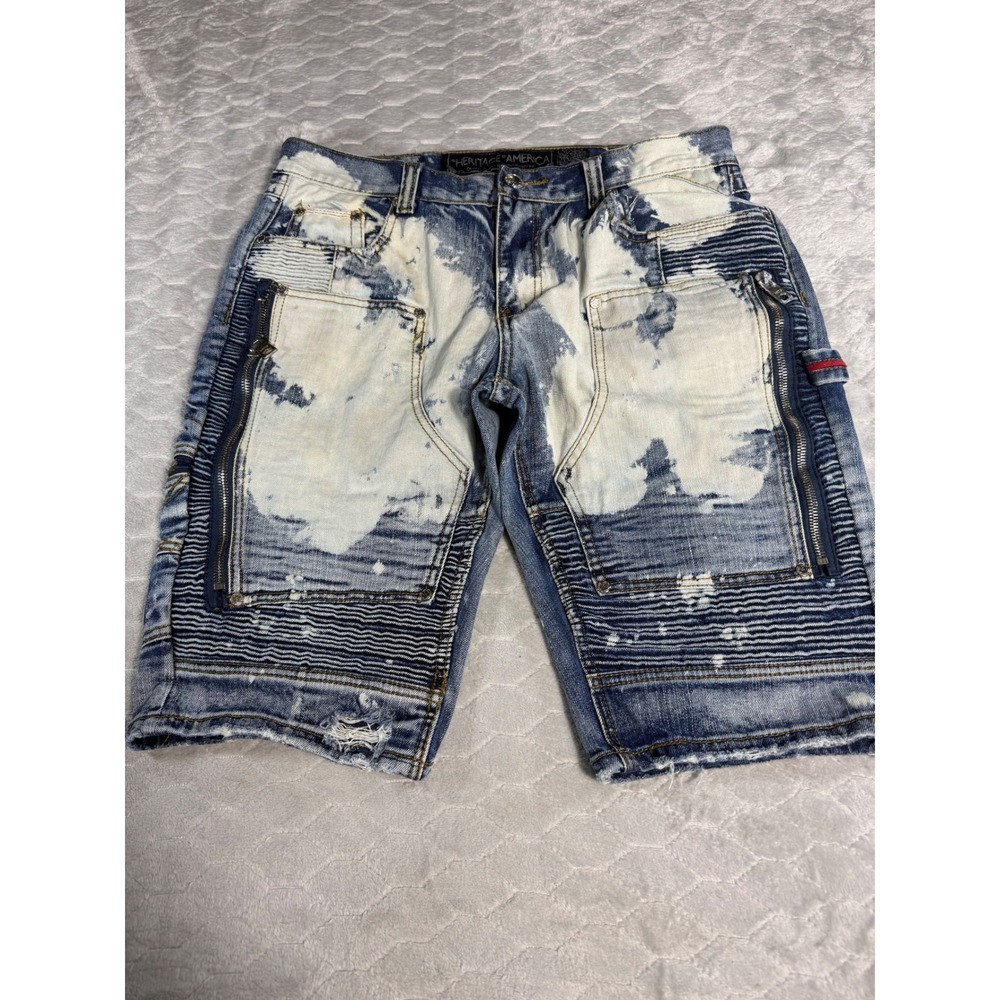 Heritage America 1776 Men Moto Jean Shorts Acid Wash Cargo Carpenter Size 35 Y2K
